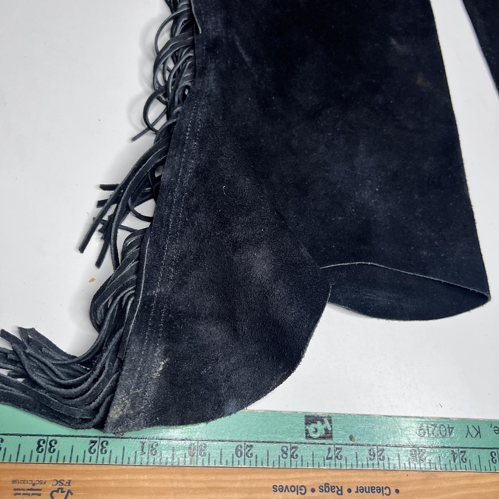 90s Suede Chaps Pants Mens 35x35 Black Fringe Western Belted Cowboy Riding - Picture 2 of 10